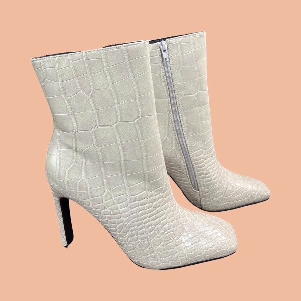 Yuki Stiletto Heeled Ankle Boot, Creme, Off-White, Classy, Crocodile, Brunch